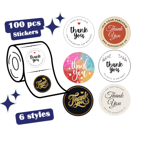 100 Thank You Stickers Roll - Round Labels for Small Business